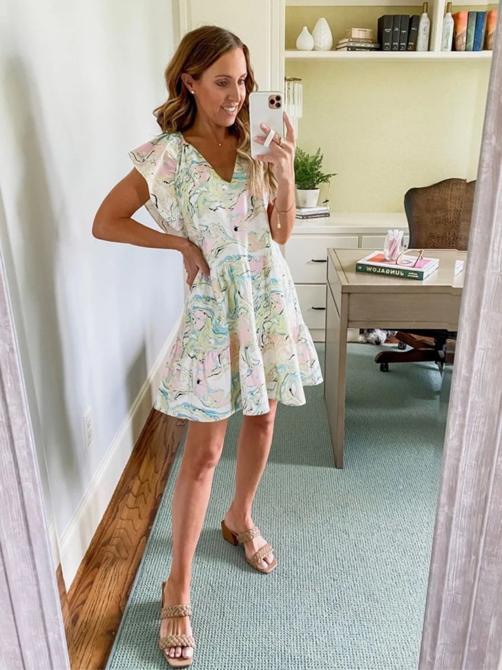 BuddyLove Ronnie Ruffle Sleeve Short Dress - Citron Marble size Small - Picture 2 of 10
